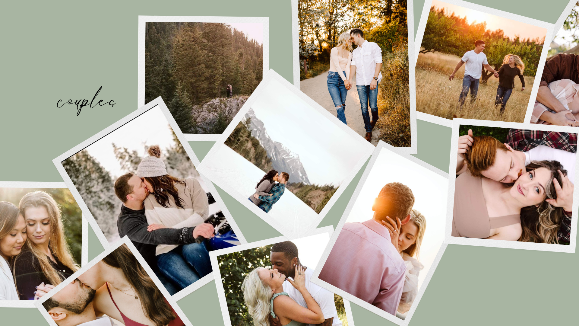 Couples and Engagement Sessions by Premier Snohomish & Seattle Wedding Photographer | GSquared Weddings Photography A collage of diverse couples sharing affectionate moments outdoors, including hugging, holding hands, and sitting together in nature, with a handwritten couples label on a muted green background. 47.9129° N, 122.0982° W | Candid wedding photo by GSquared Weddings