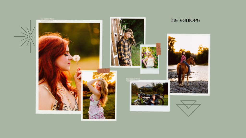 Collage of six high school senior portraits a girl with red hair blowing a dandelion seniors posing in a field by a ladder on a four wheeler and riding a horse in a river at sunset