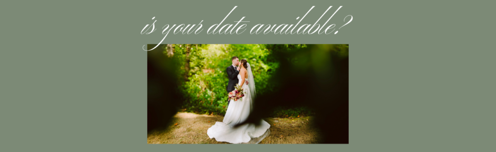 Snohomish Seattle Wedding Photographer | GSquared Weddings Photography A bride and groom embrace outdoors in a lush green setting with is your wedding date available written in elegant script above them on a sage green background | Candid wedding photo by GSquared Weddings