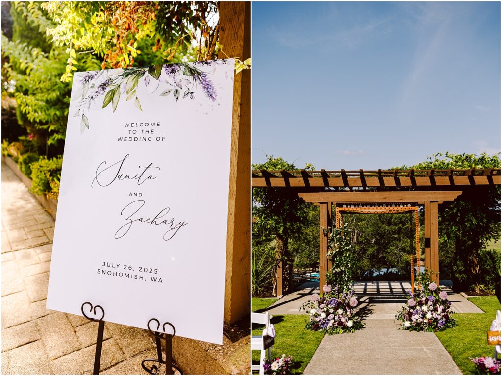 Left panel shows a large white wedding welcome sign with leafy floral border outdoors right panel shows a wooden pergola over a flower lined aisle against a blue sky