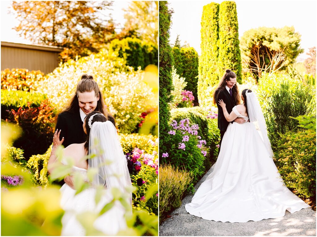Bride and groom embrace in a sunny flower filled garden a two panel collage shows close up on the left and full body shot on the right both amid vibrant blooms
