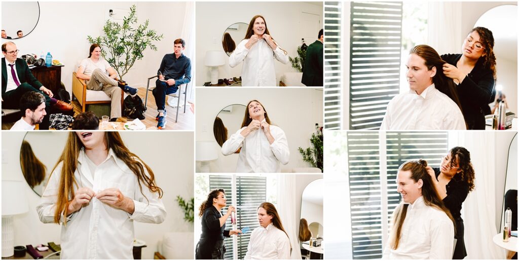 Collage of wedding prep scenes friends relaxing and chatting as one person is helped with hair and a white shirt is adjusted in a bright room