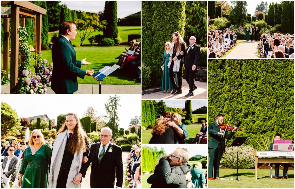 Outdoor garden wedding collage a speaker at a lectern addresses guests with green lawn and flowers in the background guests seated along the aisle bridesmaids and family walking down a side path cheering guests and a violinist performing near a keyboard lush hedges and formal garden setting visible throughout summary of ceremony and reception moments