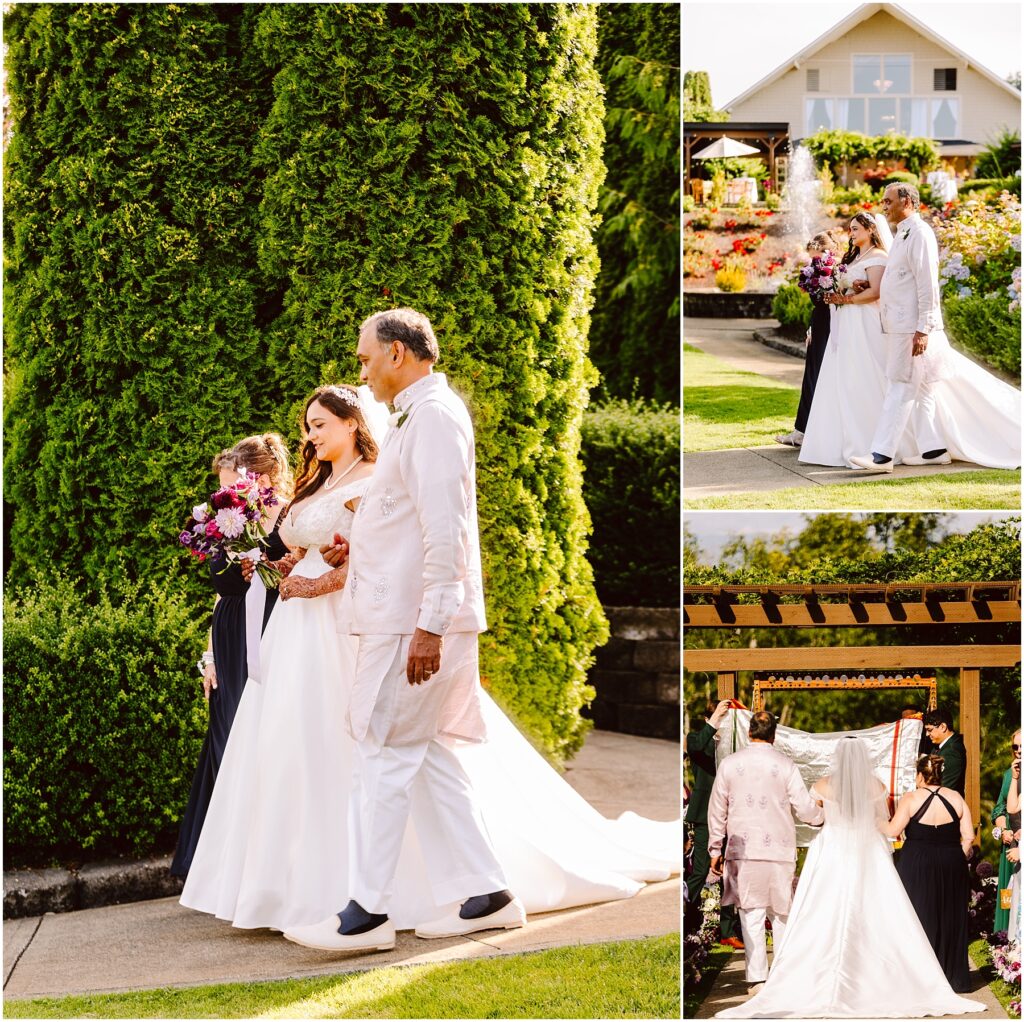Wedding party walking outside bride in white gown with bouquet groom in light suit joined by attendants beside tall evergreen hedge