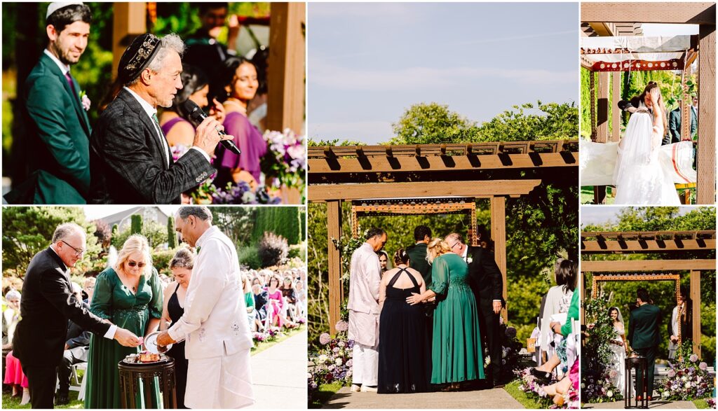 Collage of a sunny outdoor wedding officiant speaking guests and bridal party under a wooden arbor