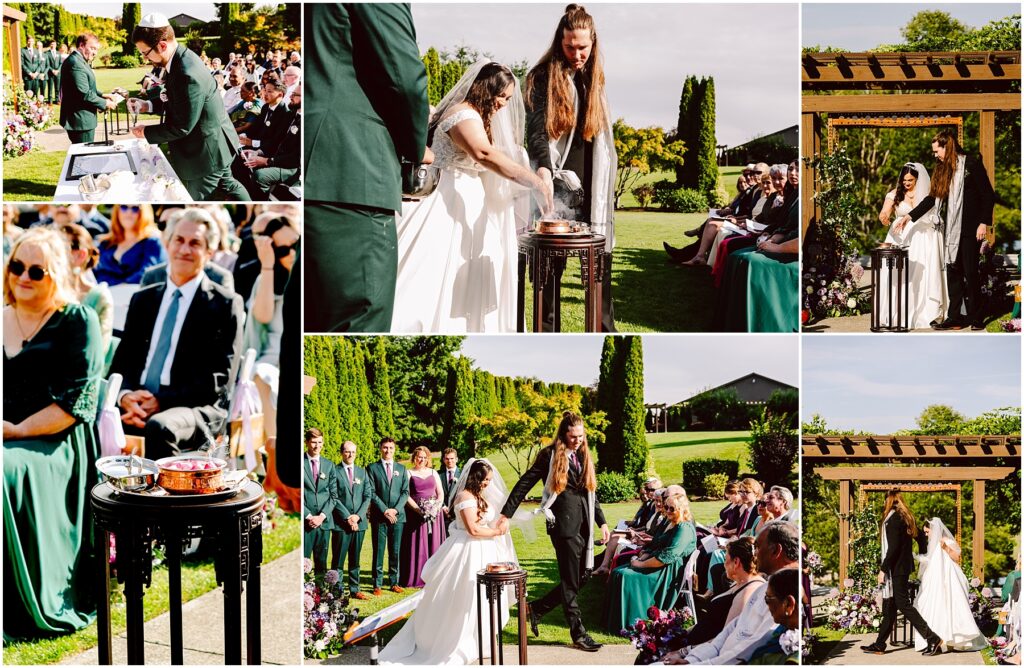 Outdoor garden wedding ceremony with bride and groom exchanging rings as guests watch under a bright sky lush greenery in the background