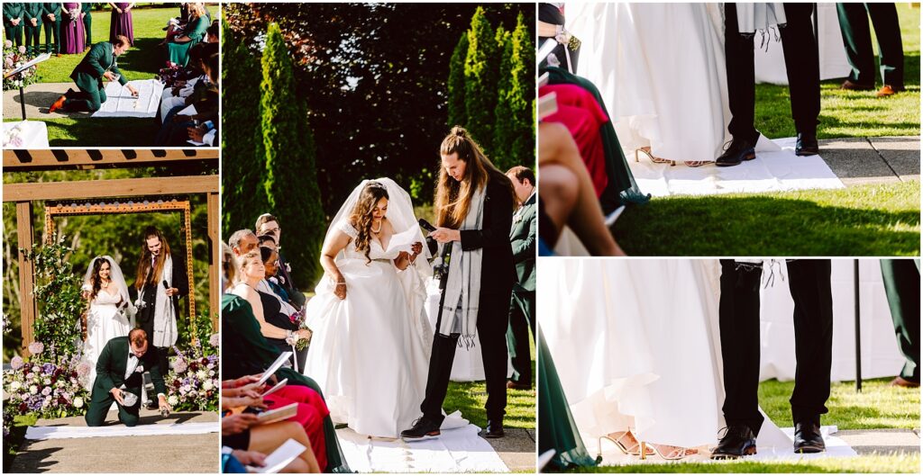Bride in a white gown and groom in a dark suit stand on a white runner as they exchange vows outdoors with guests watching