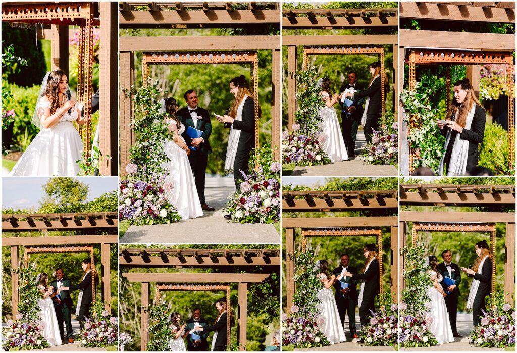 Outdoor wedding ceremony collage under a wooden arbor with floral arrangements and greenery featuring the bride groom and officiant exchanging vows and rings
