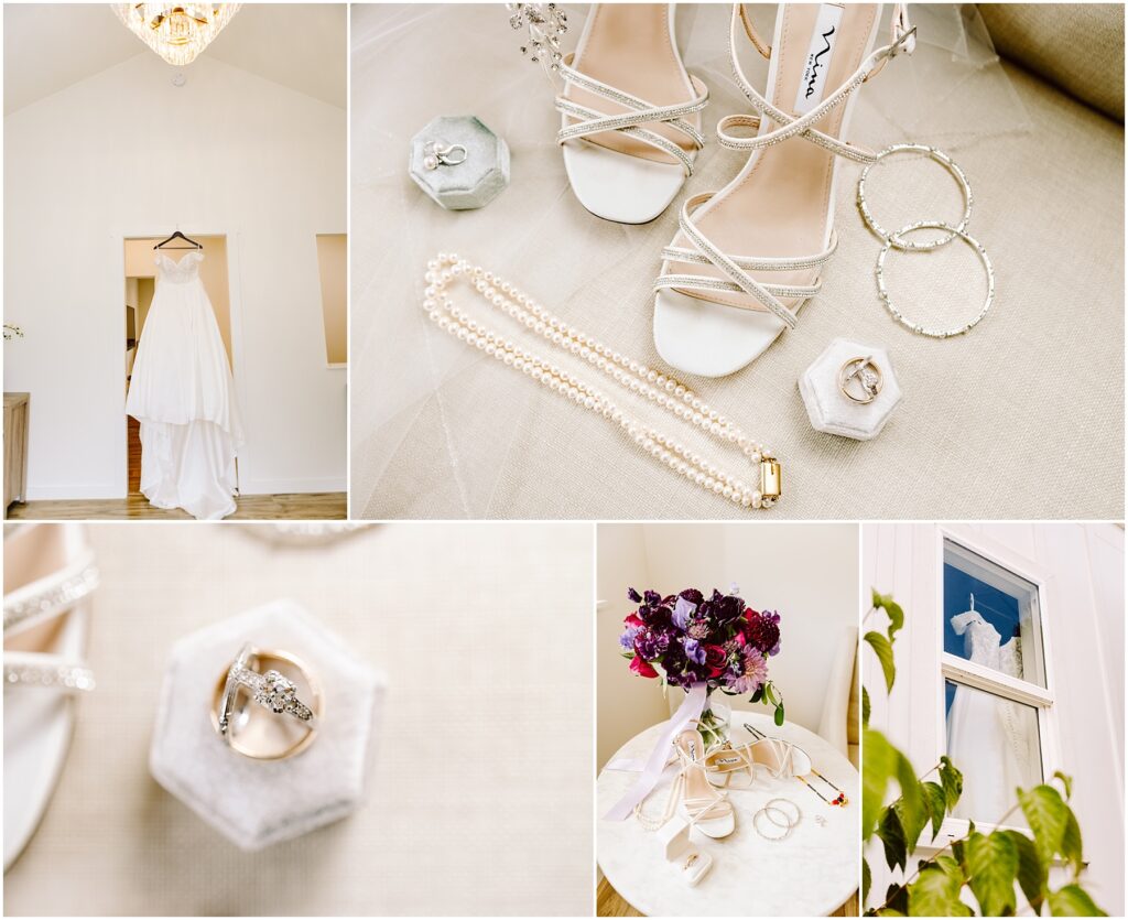 Collage of bridal details wedding dress on a hanger sparkling heels jewelry rings and a bouquet on a light table and window scene ready for the wedding