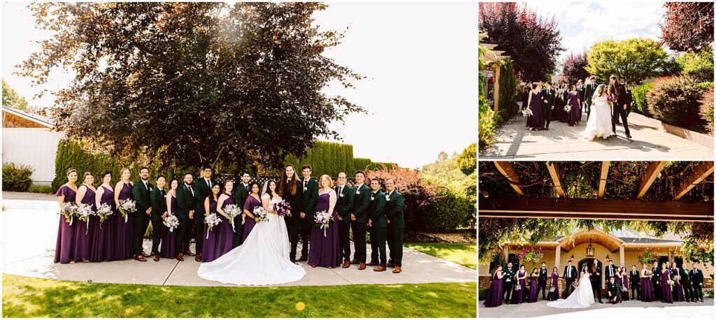 Wedding party group photo outside bride in a white gown bridesmaids in purple dresses groomsmen in green suits with bouquets sunny day under trees
