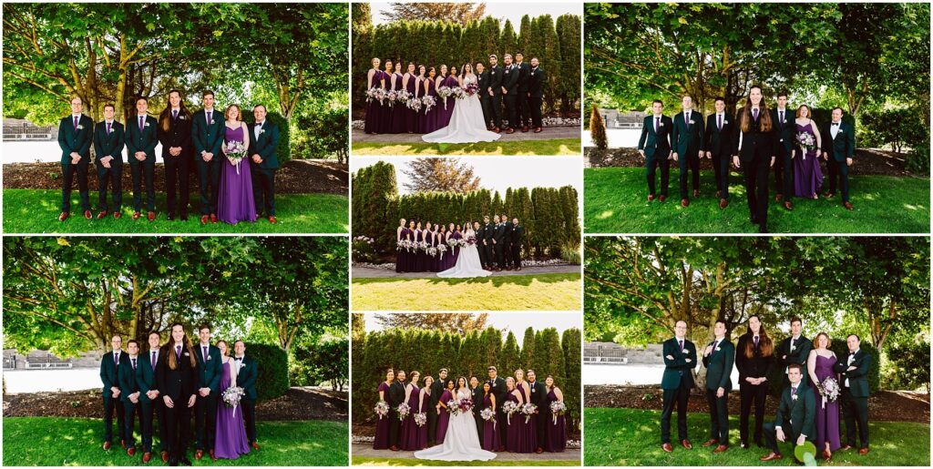 Group photo of the wedding party outdoors under trees bridesmaids in purple dresses and groomsmen in dark suits with brown shoes