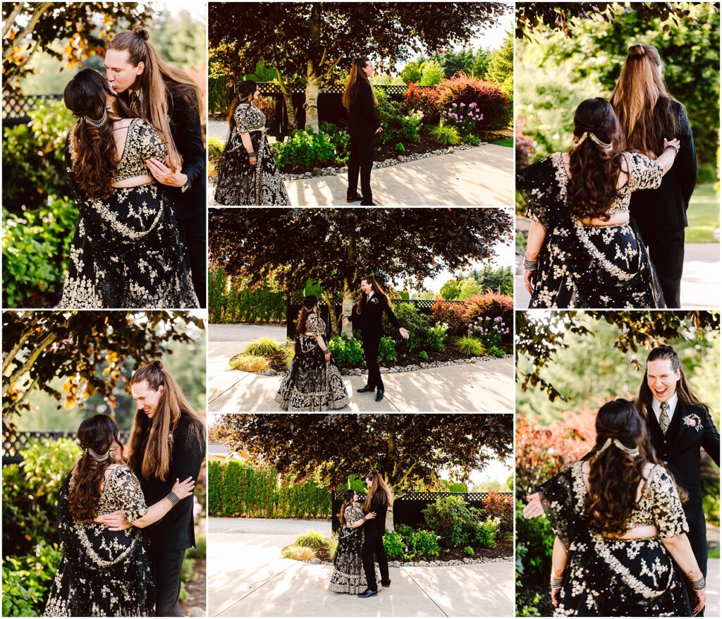 Couple embracing in a sunlit garden woman in a black and gold embroidered lehenga man in a black suit