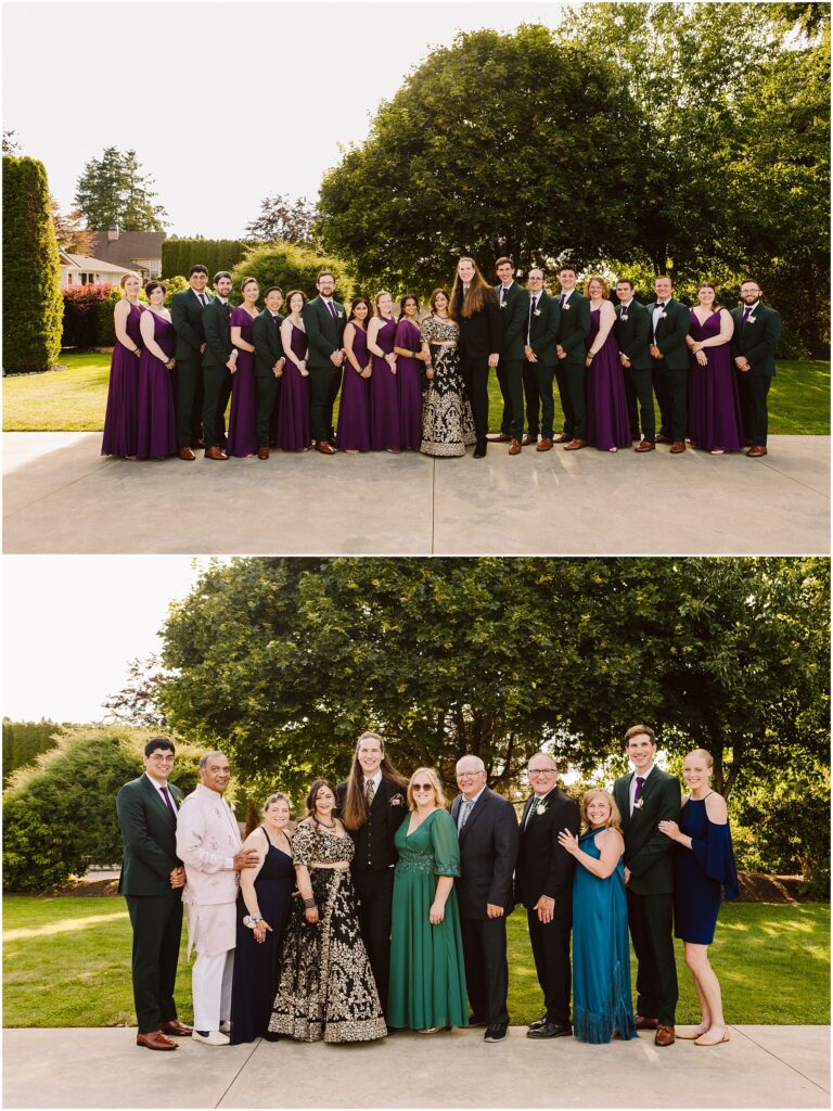 Outdoor group photo of a wedding party bridesmaids in purple gowns groomsmen in green suits posing with the couple and family under a large tree