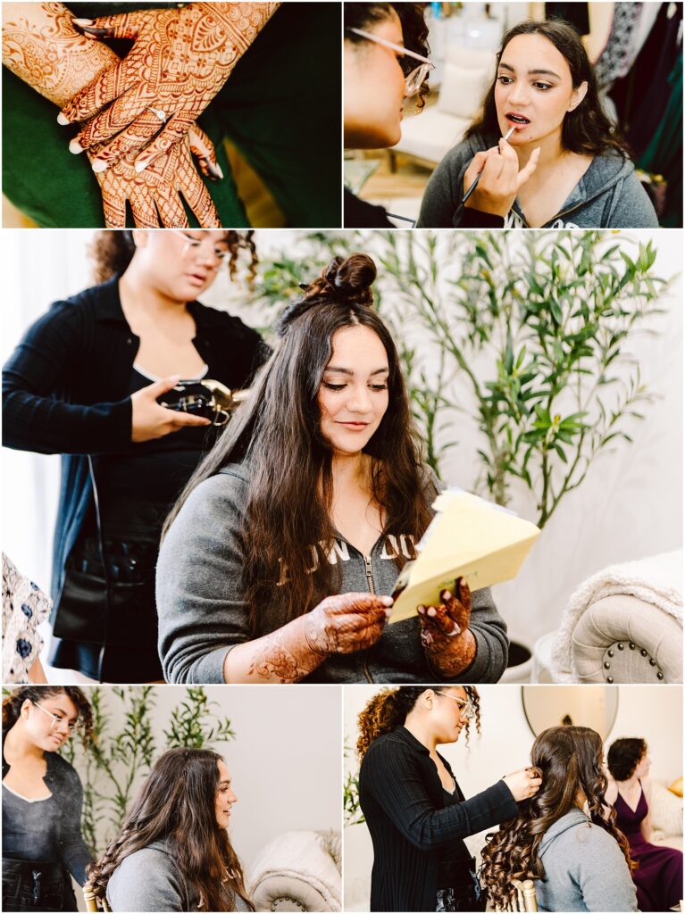 Collage of a beauty session hennaed hands makeup application and a woman with long hair in a bright salon