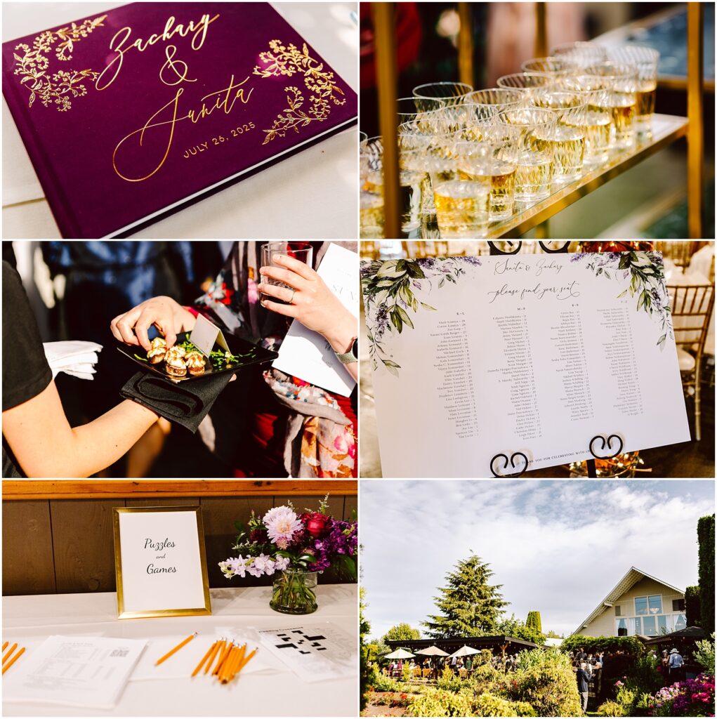 Collage from a wedding reception purple guest book champagne glasses guests with hors d'oeuvres, a seating chart, a 'Puzzles and Games' sign, flowers, and an outdoor garden area.