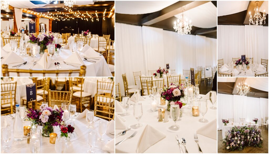 Elegant wedding reception tables with white linens gold chairs and purple pink floral centerpieces under warm string lights