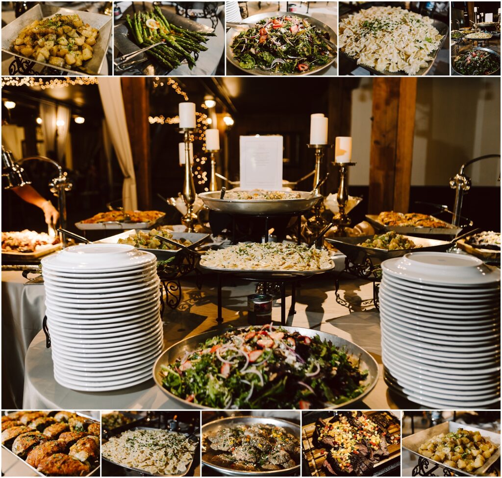 Assorted buffet dishes in a banquet setting colorful salads roasted potatoes and pasta trays on a long table with plates ready to serve