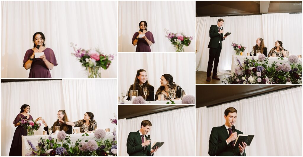 Woman in a purple dress speaks into a microphone while reading notes at a wedding reception with a floral arrangement nearby