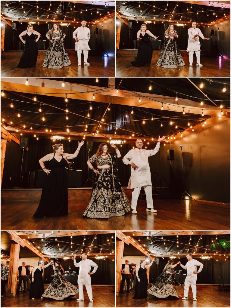Dancers perform on a wooden floor under warm string lights two women in black outfits and a man in white chantni style attire pose mid dance
