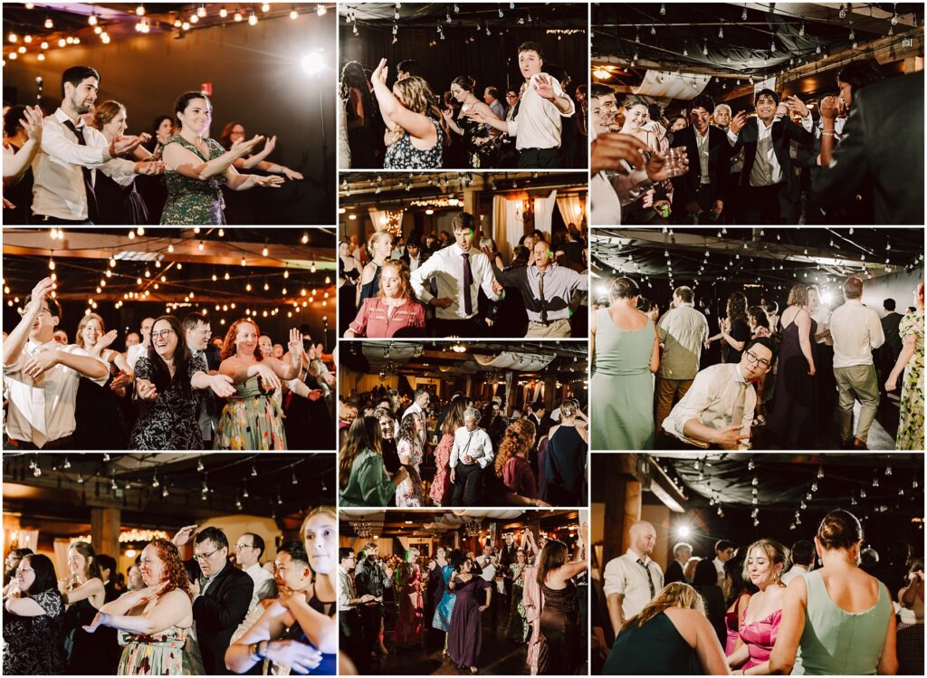 People dancing closely at a festive indoor party under warm hanging lights