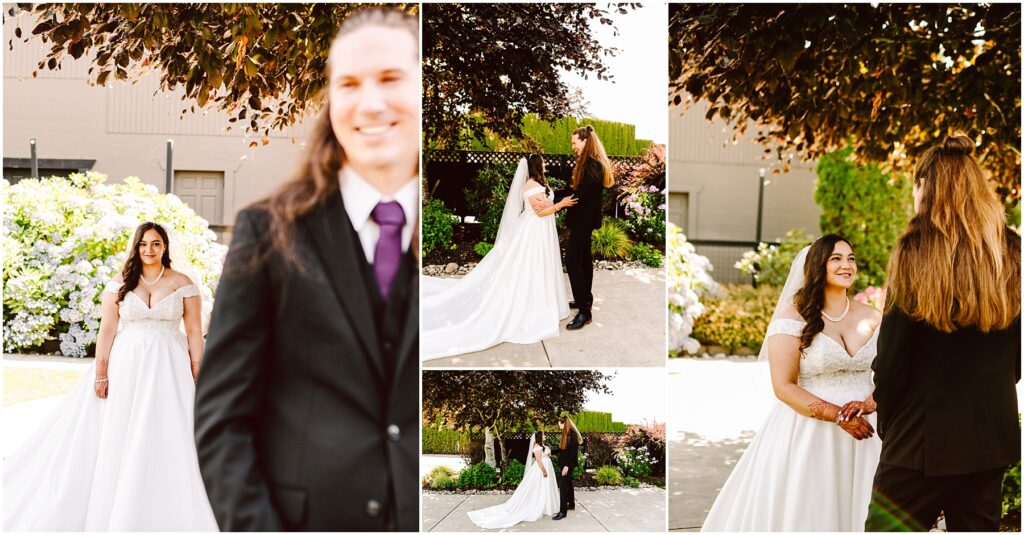 Three panel wedding collage bride in a white gown with veil in a garden with a groom blurred in the foreground