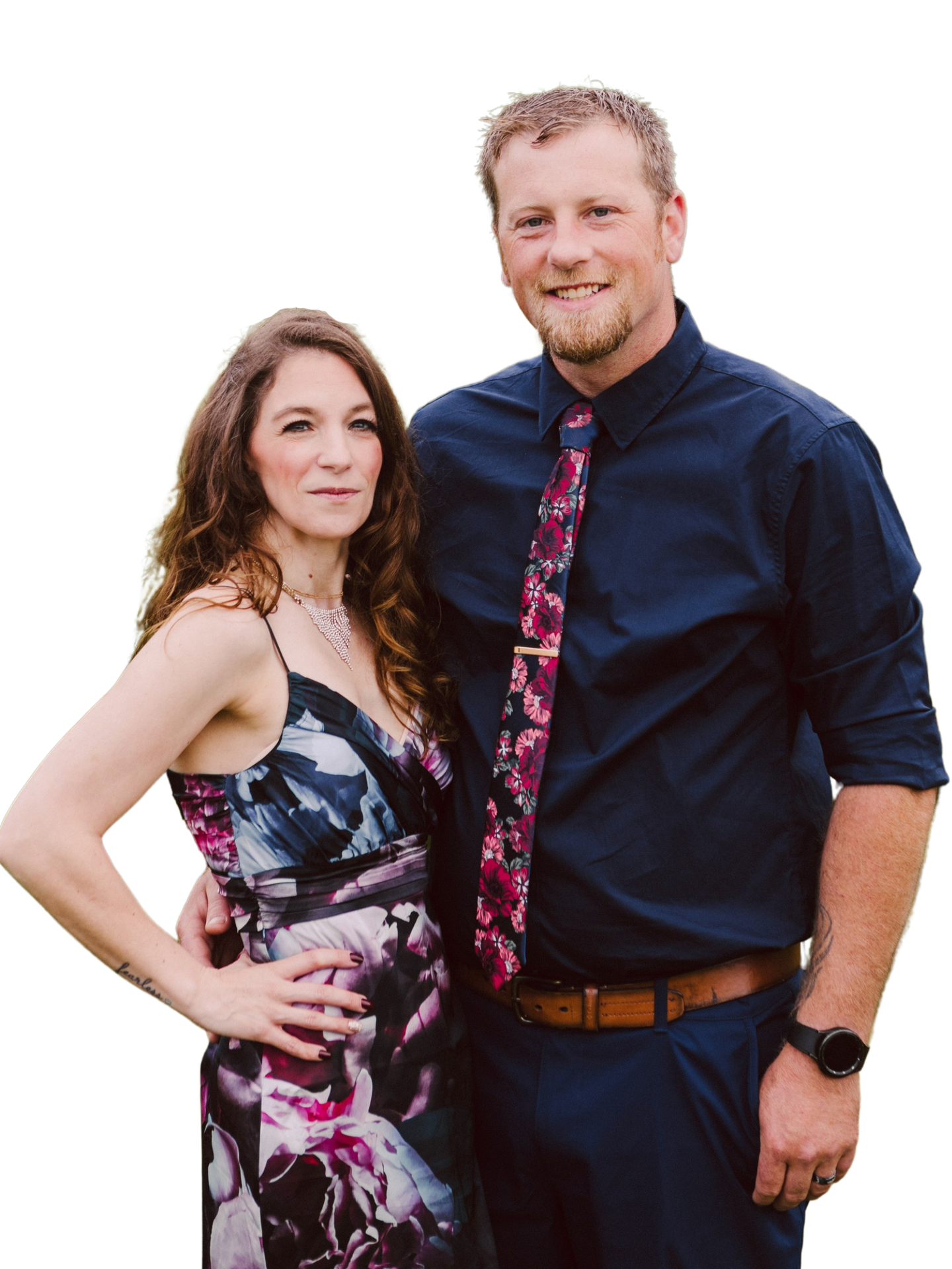 Kate and josh of gsquared weddings smiling together kate in a floral dress and josh in a navy shirt with a floral tie