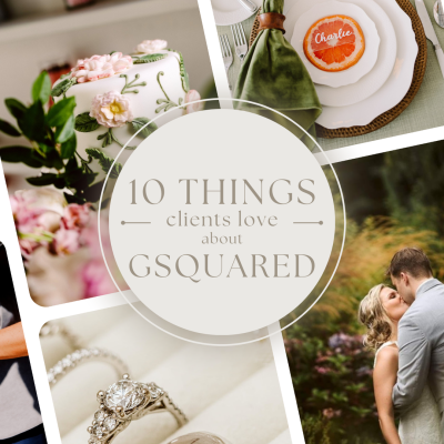 Snohomish Wedding Photographer GSquared Weddings A collage of wedding-themed images, from couples to flowers, rings, and a cake, highlights the essence of GSquared Weddings Photography. The center text reads "10 Things clients love about GSQUARED" on a circular background.  Serving Seattle, Snohomish and Orlando
