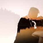 Couple kissing with a sunset and forest reflected on a lake in a double-exposure image.