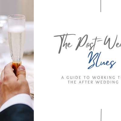 Snohomish Wedding Photographer GSquared Weddings Two hands, one male and one female, hold champagne flutes in a celebratory toast. Text on the right reads The Post-Wedding Blues: A Guide to Working Through the After Wedding Grief in elegant fonts, capturing the essence of those subtle blues that follow joyful celebrations. Serving Seattle, Snohomish and Orlando
