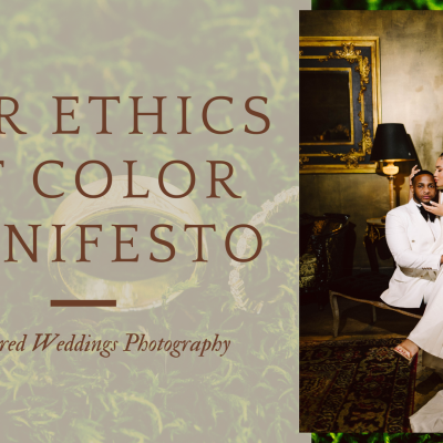 Ethics of Color in Editing by Snohomish Wedding Photographer GSquared A stylish couple in formal attire poses in an elegant room. Text on the left reads, Ethics of Color Manifesto. GSquared Weddings Photography, over a background of green moss. Snohomish Wedding Photography