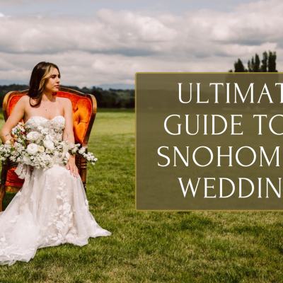 Snohomish Wedding Photographer GSquared Weddings Woman in a wedding dress sits on a red chair in a grassy field, holding a bouquet. Text on the image reads, Ultimate Guide to a Snohomish Wedding. Tall trees and a cloudy sky form the backdrop. Serving Seattle, Snohomish and Orlando